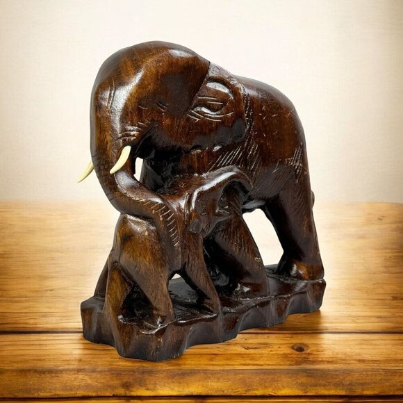 Vintage Asian Hand Carved Figurine Wooden Elephant with Baby Figurine 9.5" Tall - Picture 1 of 12